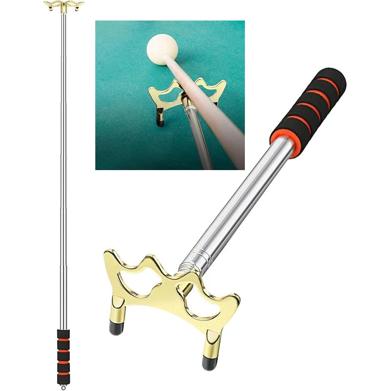 Portable Retractable Aluminum Pool Cue Stick Accessory with Removable Lower Rest Head for Billiards & Bridge