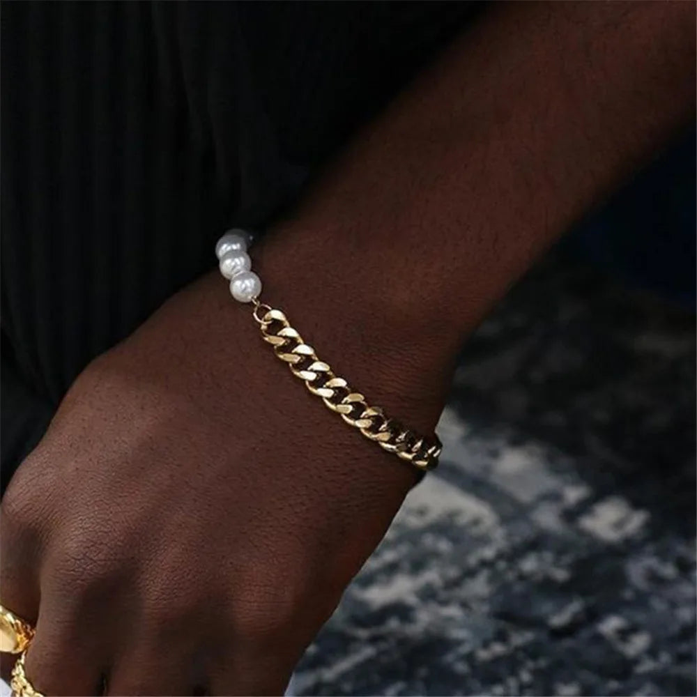 RisingMoonHigh Cuba Chain Hiphop Punk Choker Collar Chain Jewelry Stainless Steel Pearl Chain Bracelet Necklace for Men Women