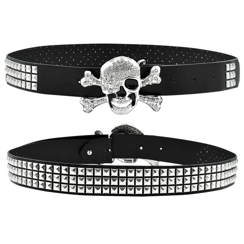 Women Men Waist Belts Skull Square Pyramid Belt Inlaid for Ladies Punk Personality Eyelet Belt for Jeans Decoration