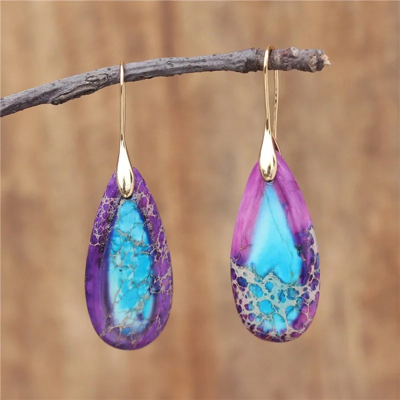 Bohemian Multi Colors Natural Stone Teardrop Jasper 18k Gold Hook Drop Dangle Earrings Girl Women Lady Quality Jewelry Wholesale