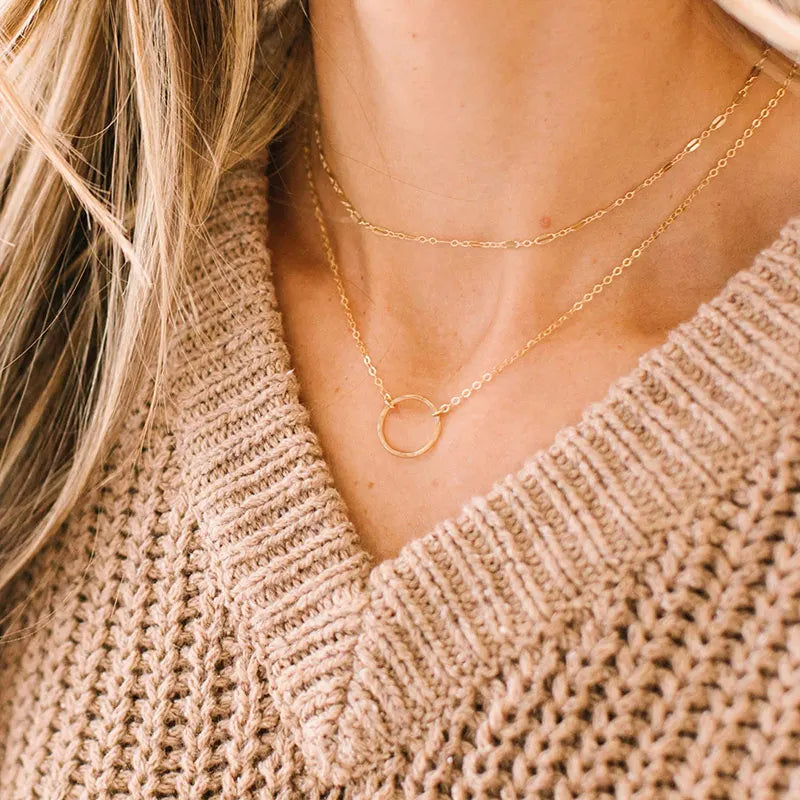 EManco Stylish Double Layer Stainless Steel Hollow Round Pendant Choker Necklace