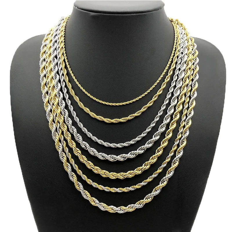 Different Length Twisted Link Chain Stainless Steel 3mm Gold Hip Hop Rope Chain Necklace Gold and Steel Color for Men