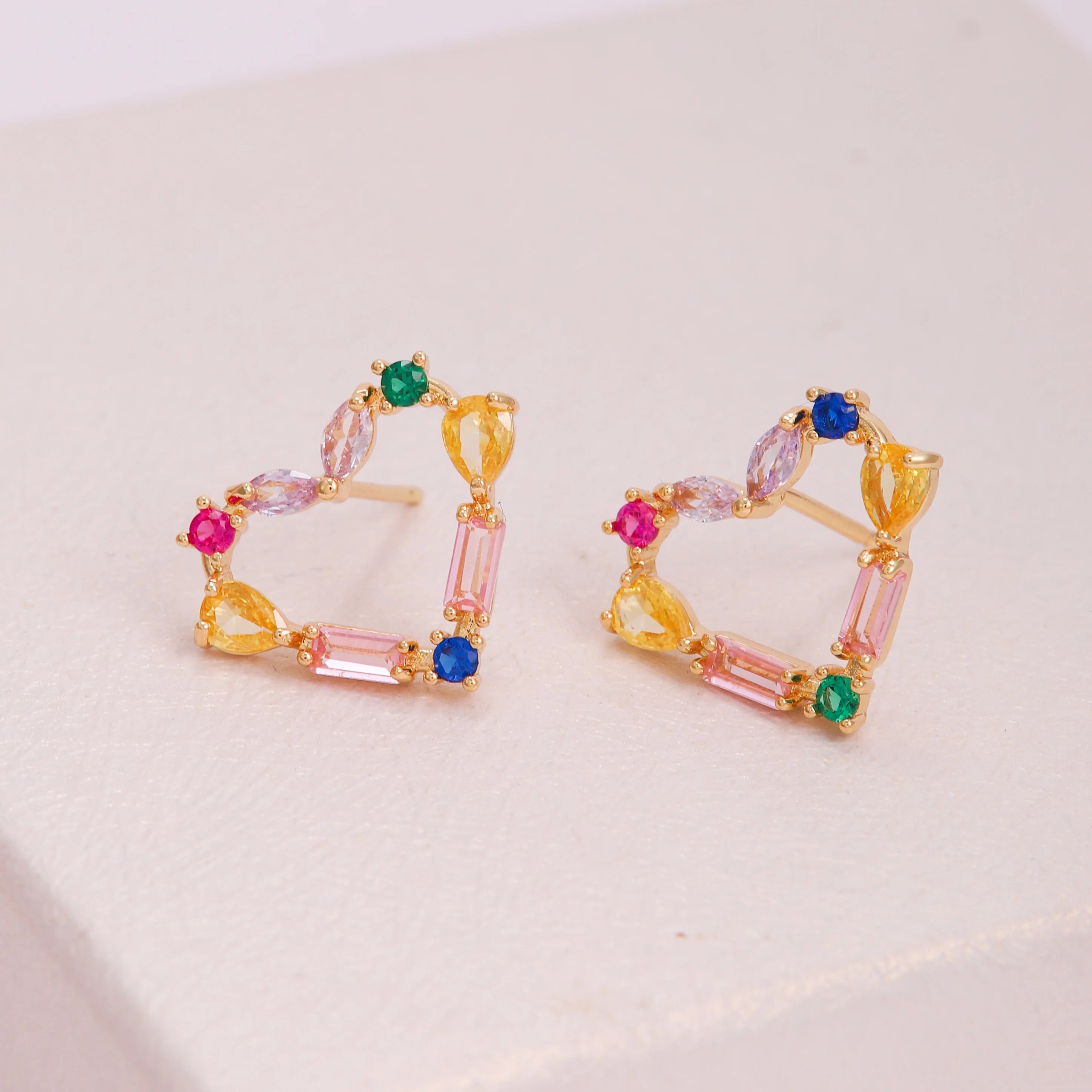 Trendy Bohemian Colored Zirconia Heart Stud Earrings Gold-Plated Brass Jewelry with Geometric Shape for Weddings and Gifts