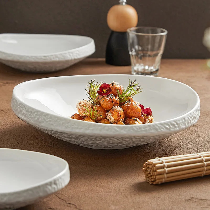 White Rock Eco-Friendly Ceramic Tableware Hotel Restaurant Soup Plate Serving Tray for Salad Fruit Pasta Dessert Fish Party