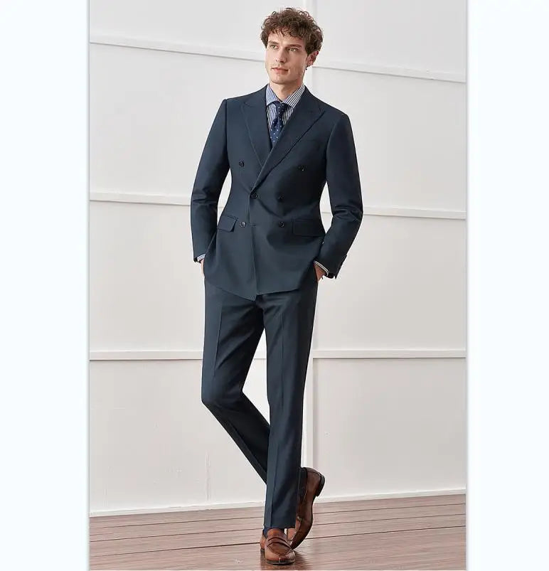 Double Breasted Suit Suit Men's Bird's Eye Pattern Business Casual Suit Korean Slim Groom Wedding Dress