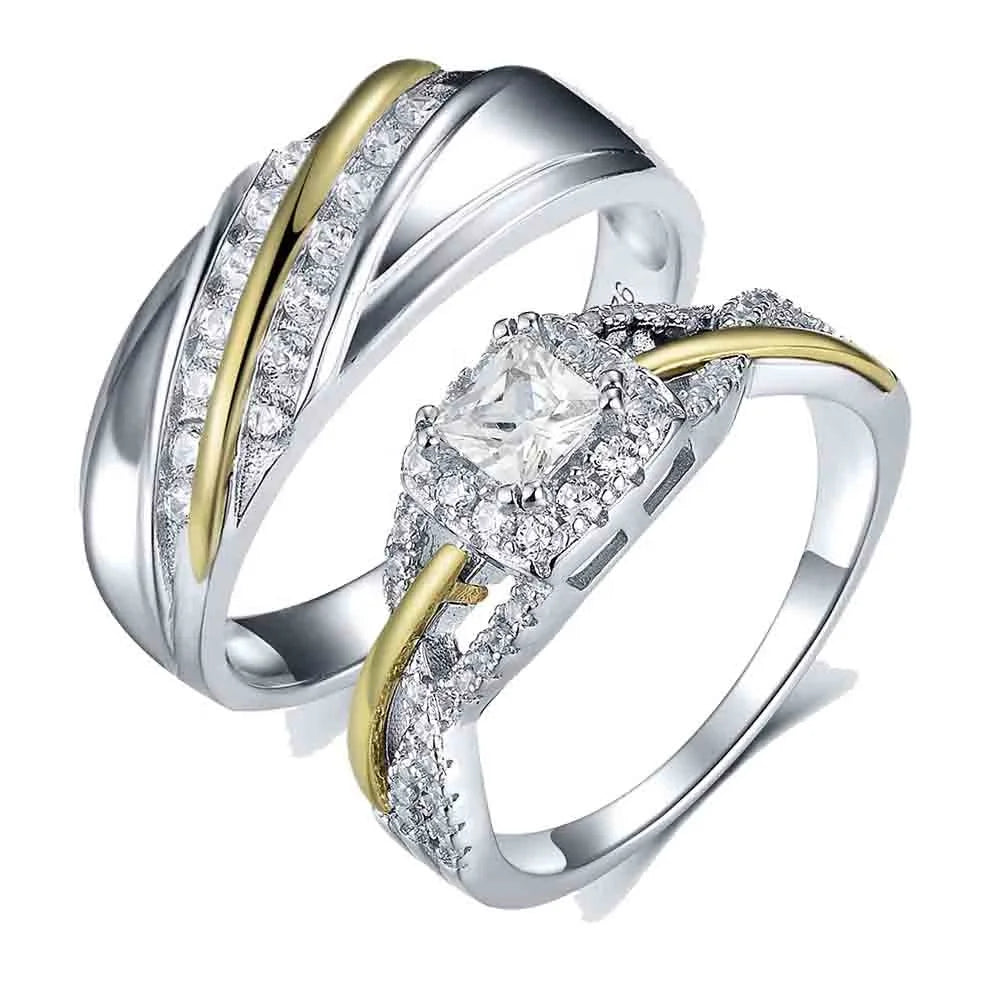 Fashion Couple Ring Set S925 Silver Rhodium Plated Princess CZ Engagement Wedding Ring Couple Jewelry Gift