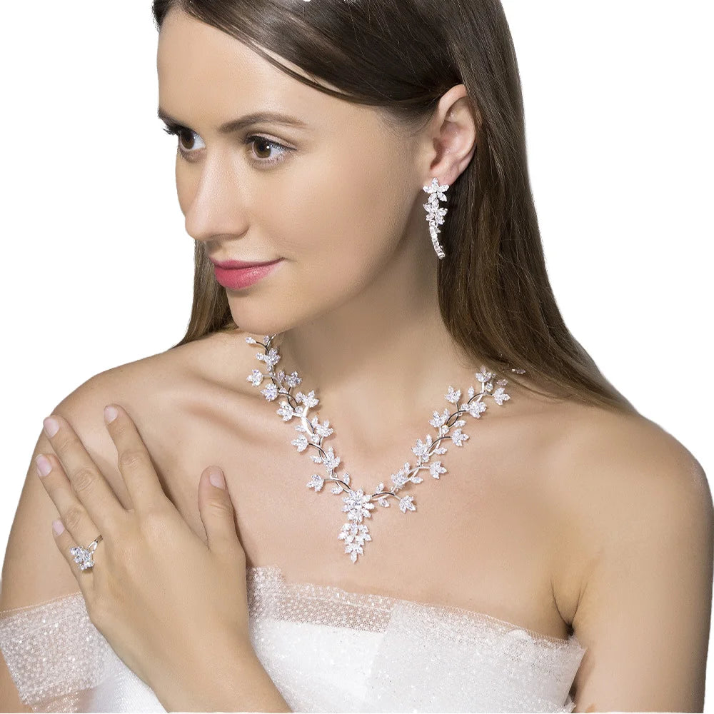 Elegant Luxury Silver and Gold Zircon Necklace and Earring Jewelry Set Four Pieces for Bride Wedding Dress