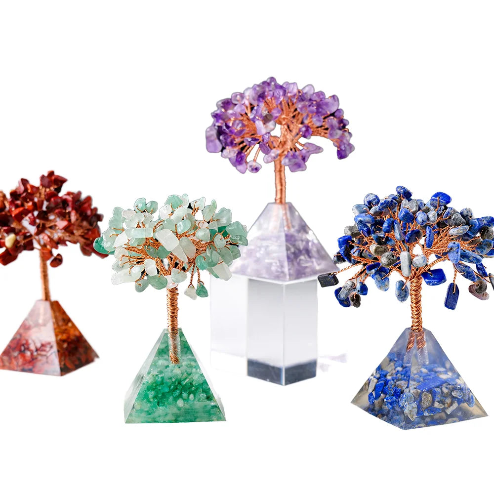 Natural Crystal Tree Ornament Resin Pyramid Base Crystal Chips Fortune Tree Home Office Decoration Ornament