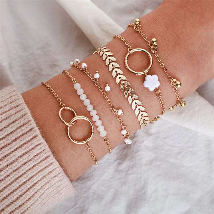 Wholesale  Fashion Flower Tassel Round Bead Cuff  6pcs Multi Layer Gold Plated Adjustable Charm Bracelet