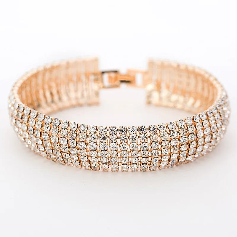 Vintage Gold & Rhodium Plated Bracelet with Rhinestone Pave Lines Fold-over Clasp Great for Parties Weddings Gift Idea for Women