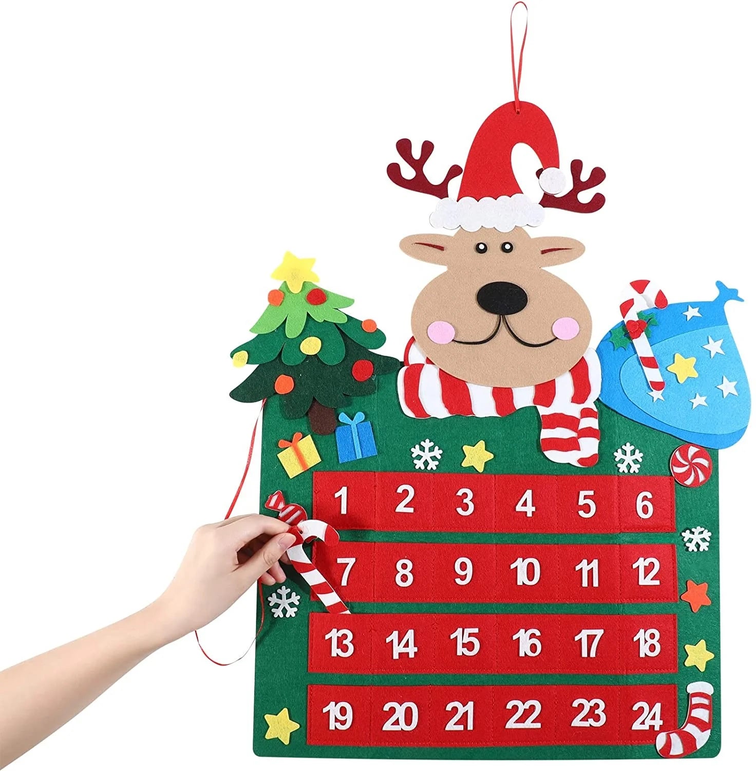 Felt Christmas Countdown Calendar Reusable Reindeer Countdown to Christmas Hanging Advent Calendar 3D Christmas Countdown