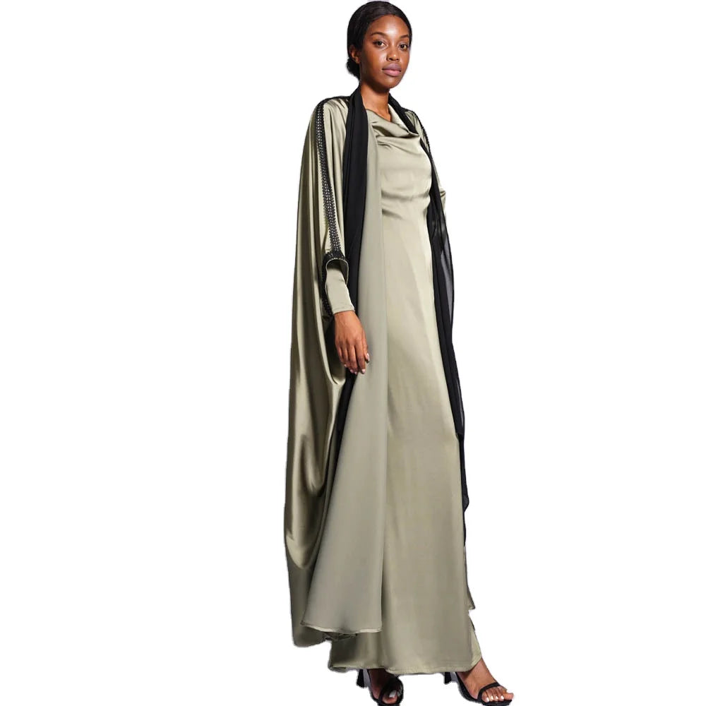 Wholesale Price Solid Color Lace Decoration batwing Sleeve Eid Daily Use Inner Clothes Out Satin Abaya Sets