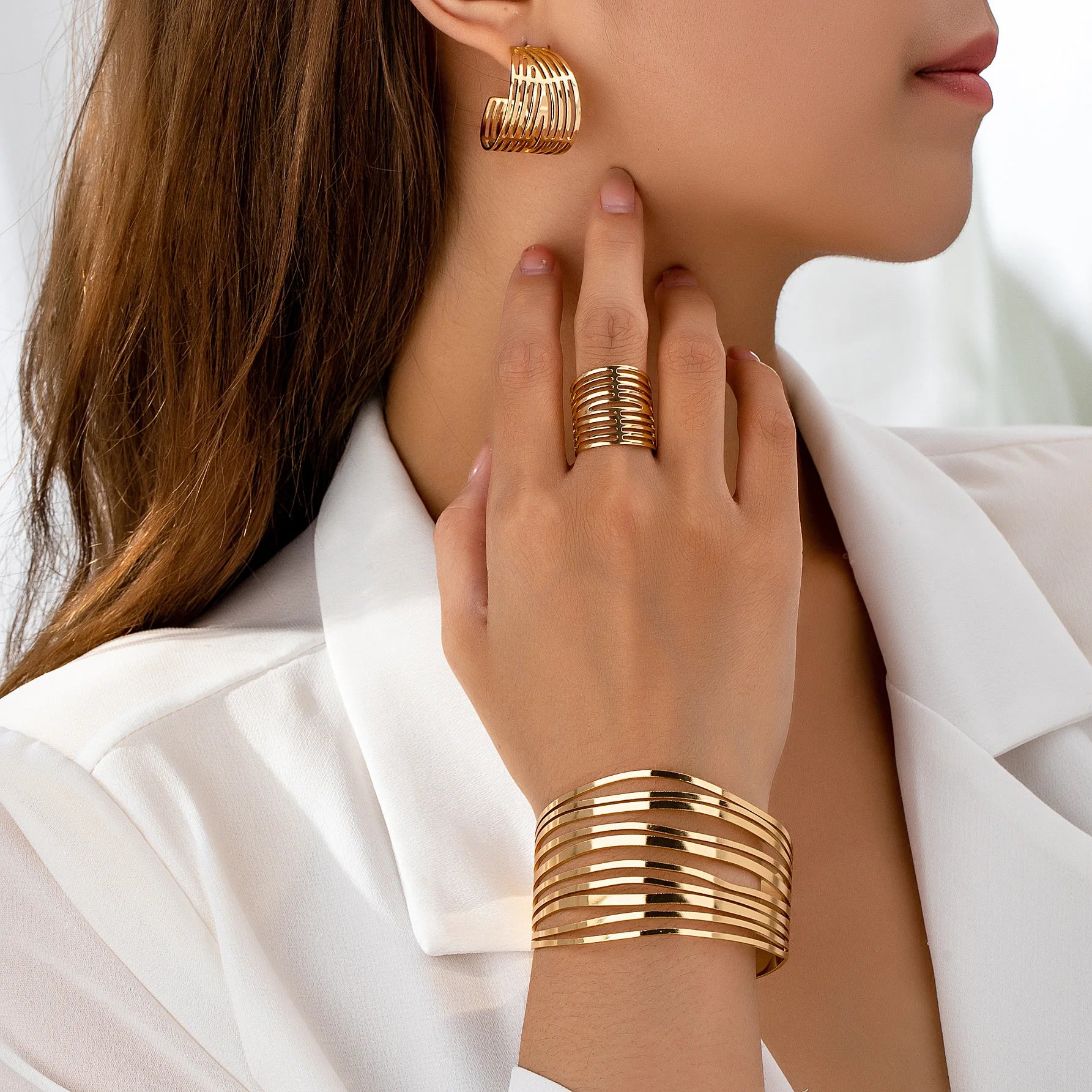 Jachon Trendy Gold Plated Punk Style Open Cuff Bangle Ring Earring Set New Trendy Geometric Line Bridal Fashion Jewelry Set