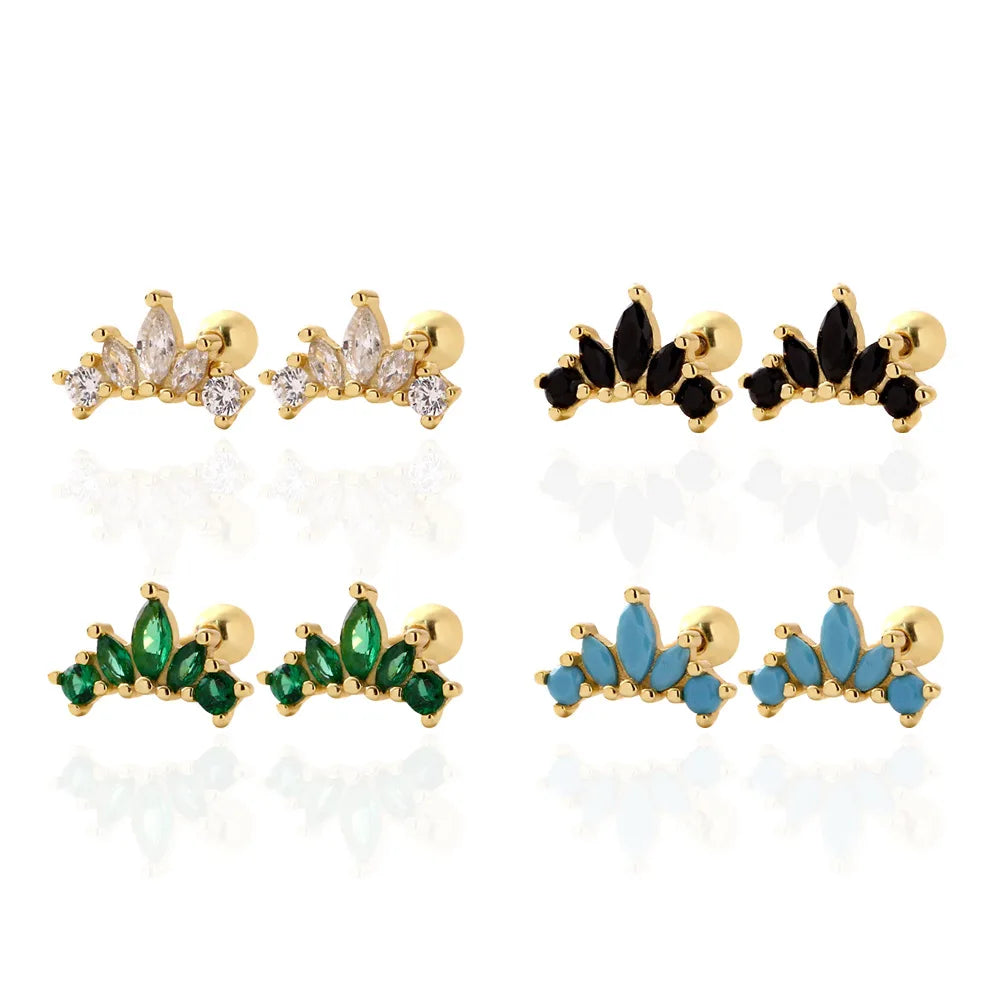 S925 Sterling Silver Jewelry Fan Shaped Screw Stud Earrings Minimalist Blue Turquoise Black White Cz Diamond Stud Earrings Women