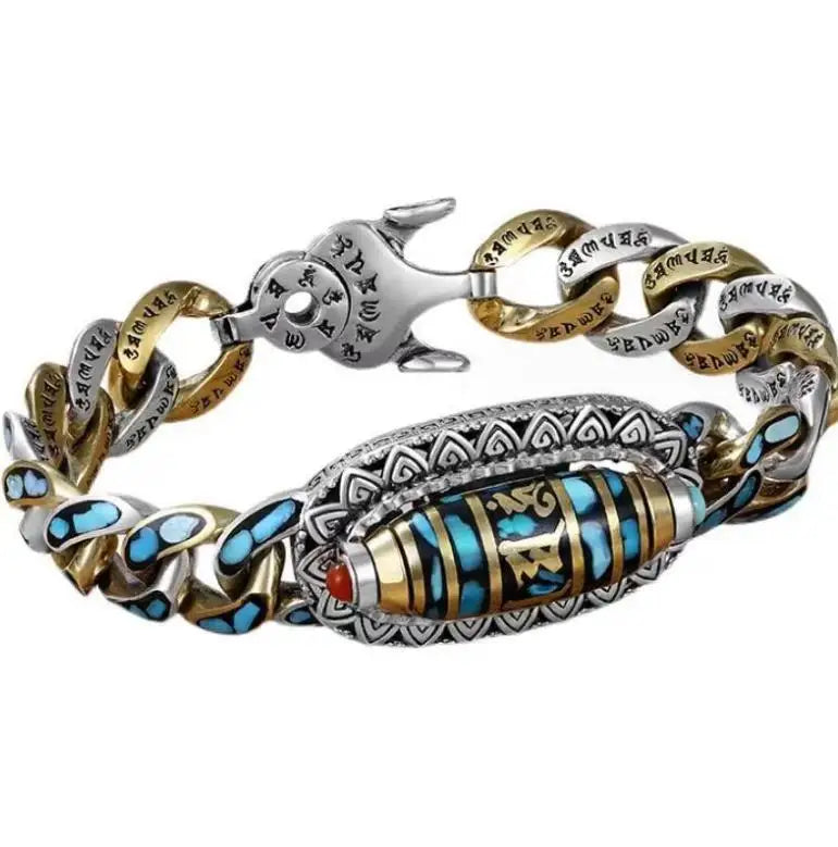 Men's Silver Plated Brass Turquoise Chain & Link Bangles with Nine Eyes Design Trendy Anniversary Jewelry