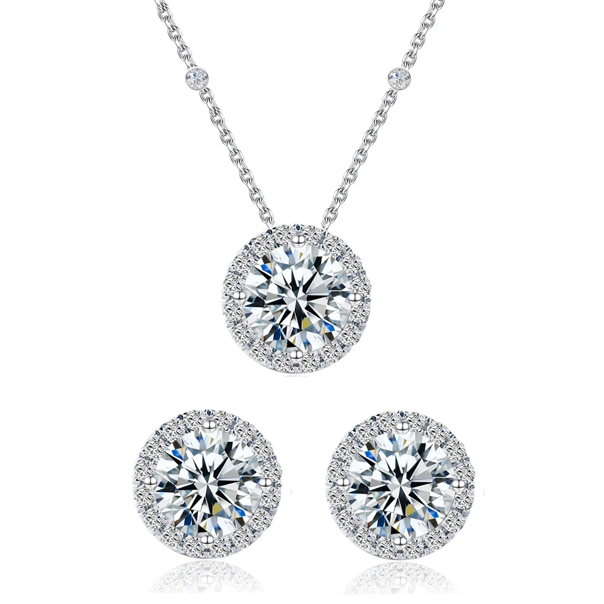 Classic Design 8mm Cubic Zirconia Diamond Stud Earrings and Necklace Fine Jewelry 925 Sterling Silver Women Jewelry Set