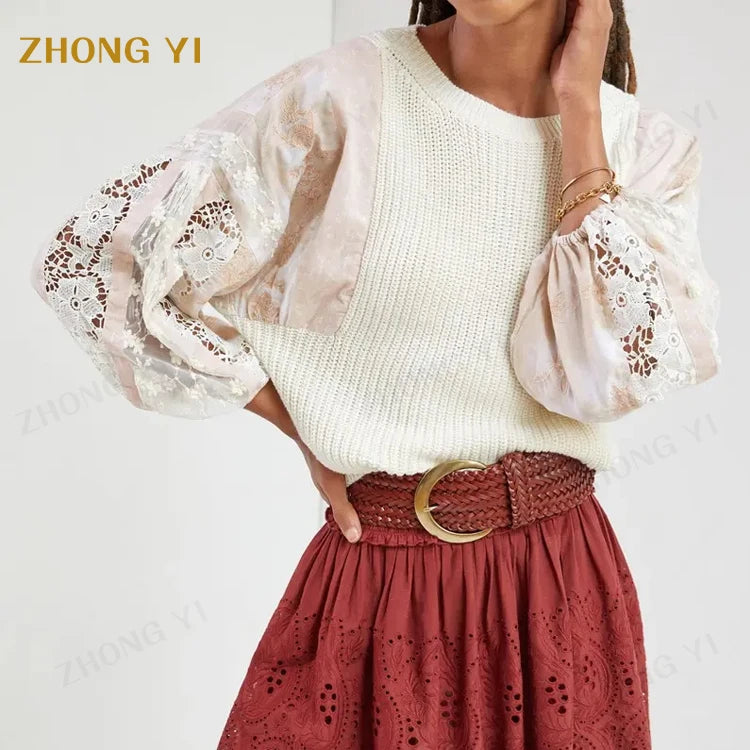 Luxury Fashion Clothing Wholesale  Custom Autumn Women's Sweater Tops Lace Long Sleeves Embroidery Crew Neck Casual Blouse