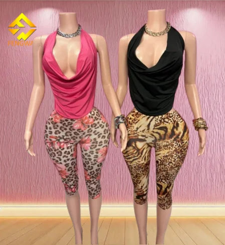 2025 Summer Casual Women Neck Halter Backless Vest Top Tight Leopard Print Shorts Set 2 Piece Set for Women