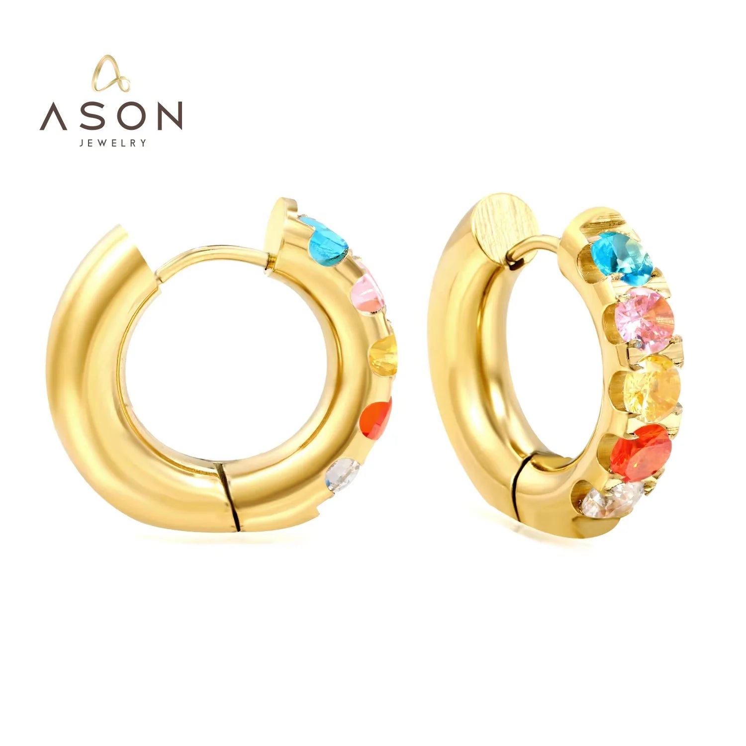 Ason 18K Gold Plated Stainless Steel Gold Plated Hoop Earrings Women Fashion Colored Zirconia JewelryHoop  Earrings in Dec.