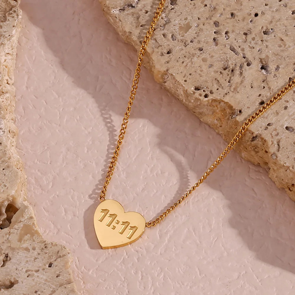 Dreamshow Number 11:11 Heart Pendant Necklace 18K Gold Plated Stainless Steel Jewelry Custom Collar Gifts for Women