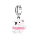 Lovely Pink Wwim Ring Bear New Design 925 Sterling Silver Cartoon Character Charm Enamel Bead Pendant for Women Bracelet Jewelry