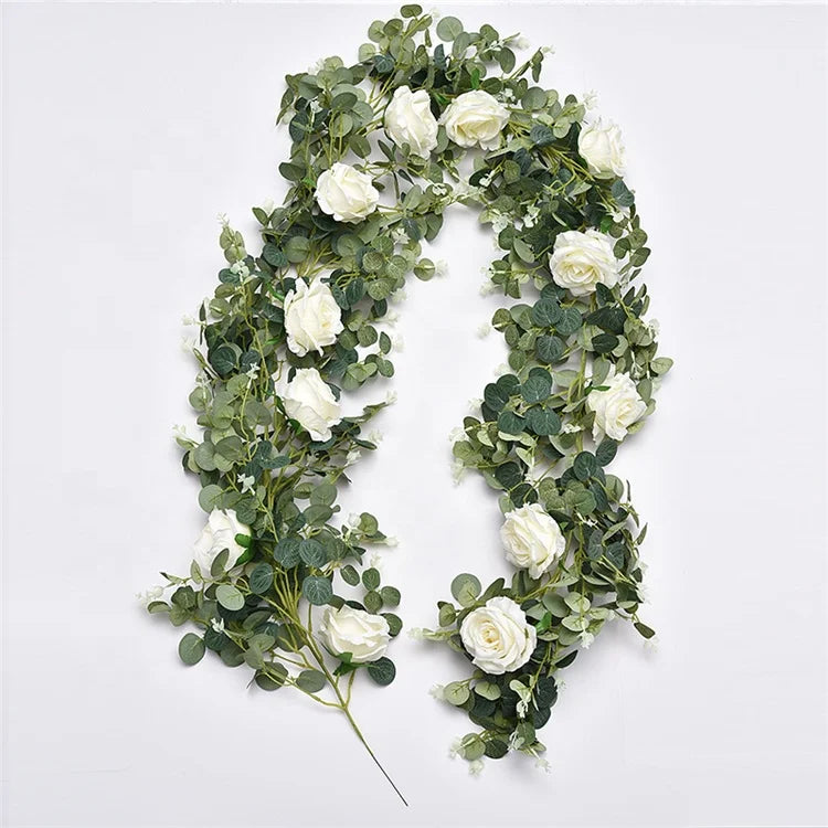 Hot Seller Eucalyptus Garland With White Flower Eucalyptus Greenery Vine Wreath Artificial Garland with Rose