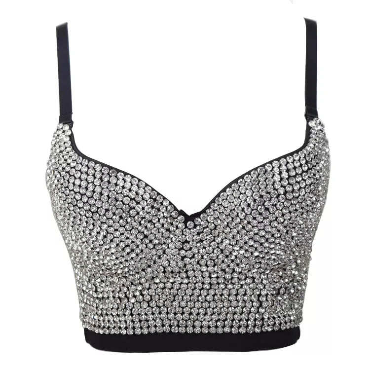 Sparklys Women Sexy Club Party Show Cloth Miami Styles Black Rhinestone Padded Crop Top