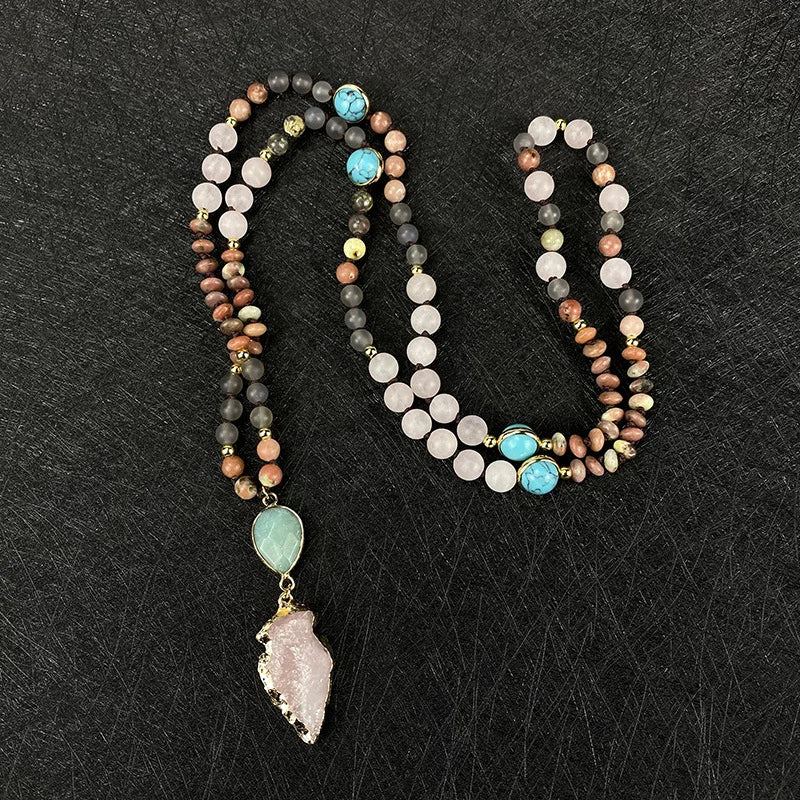 Fashion Hand Knots Healing Natural Rose Quartz Real Stone Round Beads Necklace Big Pendant Necklace Women Jewelry