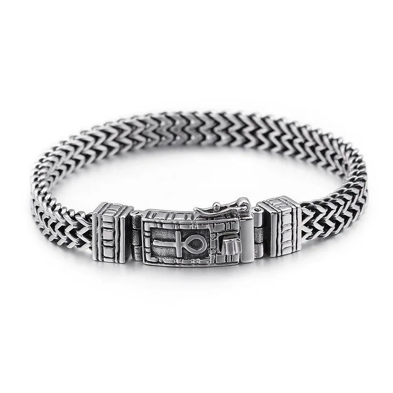 Punk Silver 22CM Stainless Steel Double Row Dragon Bone Bracelet Ancient Egypt Symbol of Life Charm Ankh Eye Bracelet for Men