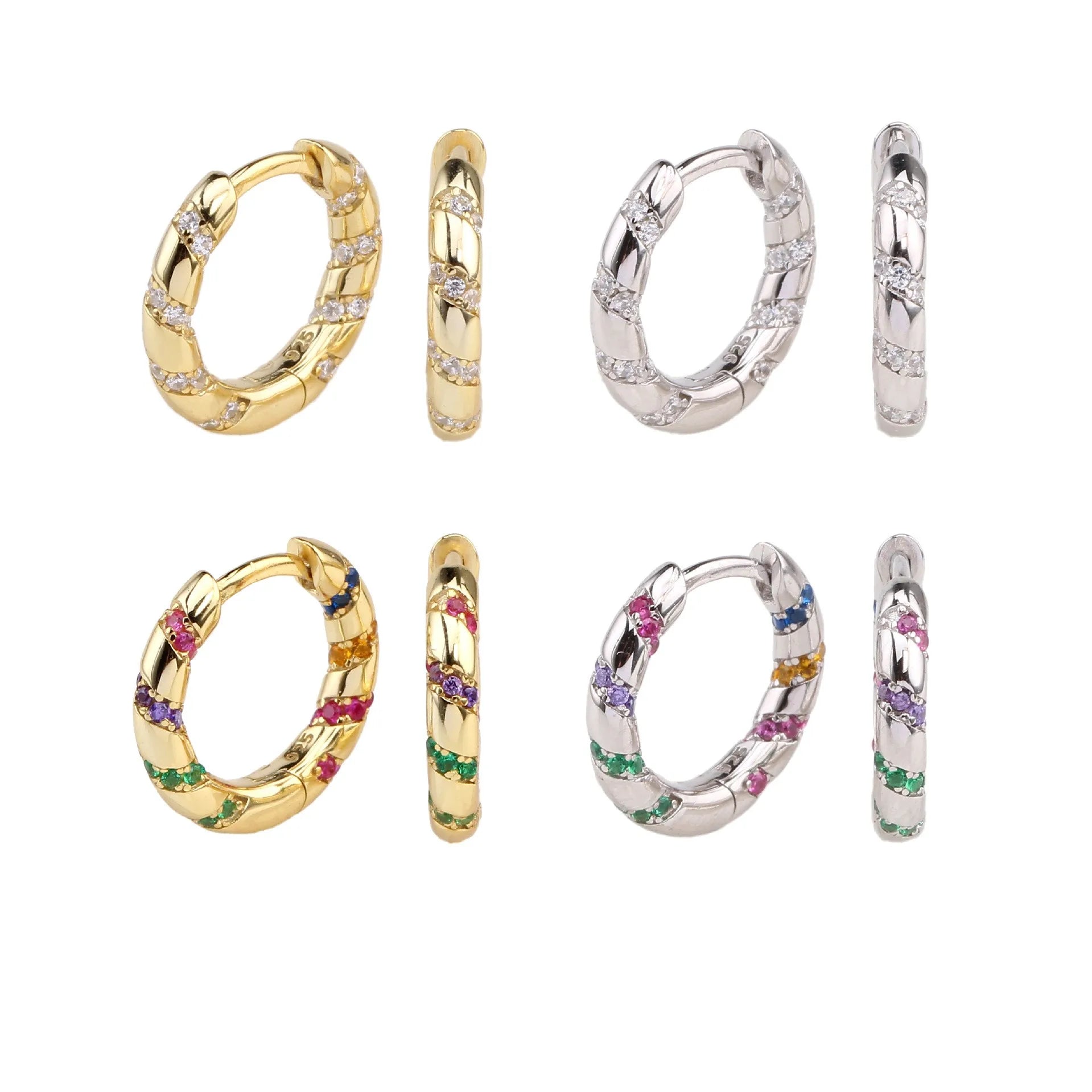 Inlay Multi-Color Stones Zircon Fashion Jewelry 925 Sterling Silver Hoop Earrings Women