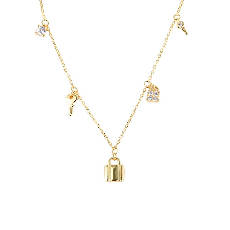 High Polished S925 Silver Lock Key Necklace Gold Plated Sterling Silver CZ Zircon Key Lock Pendant Necklace for Women Gift