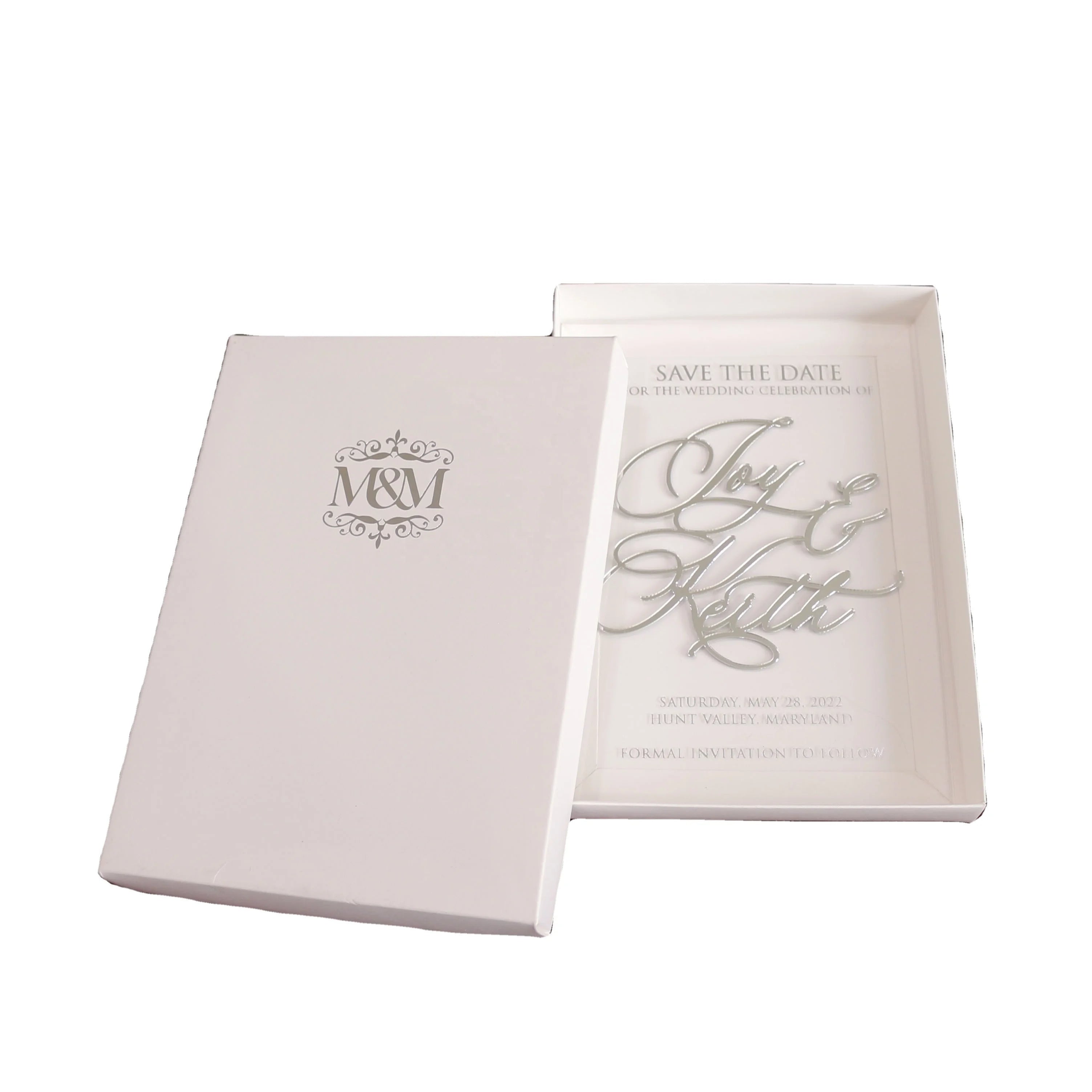 Clear Acrylic Hot Stamped Silver 5*7 Inch Save the Date Card with Silver Acrylic Monogram Box Custom Design Wedding Invitation