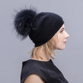 MWfur Winter Season Beanies Cashmere Hat with Fur Pompom for Women Street Fashion Fur Bobble Hat for Fashion Ladies