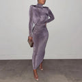 New Women Autumn Shoulder Pad Dress  Half High Collar Pleated Evening Dresses Waist Trimmed Long Sleeve Dresses