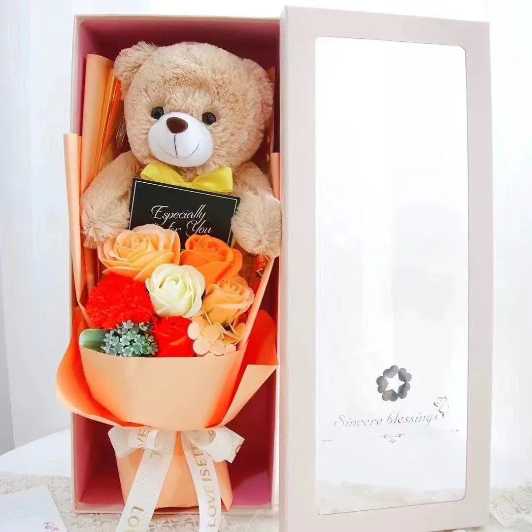 2024 New Fashion Preserved Rose Soap Flower Bouquet With Teddy Bear Christmas Wedding Valentine's Day Girlfriend Gift