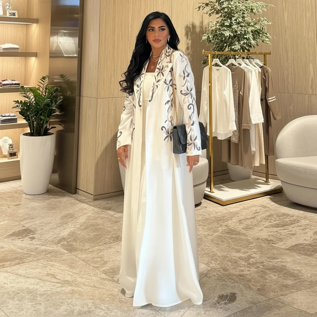 Muslim Clothing Women for Fall or Winter Turkish Fashion Abaya Plain White Coat Simple Style China Embroidery Abayas