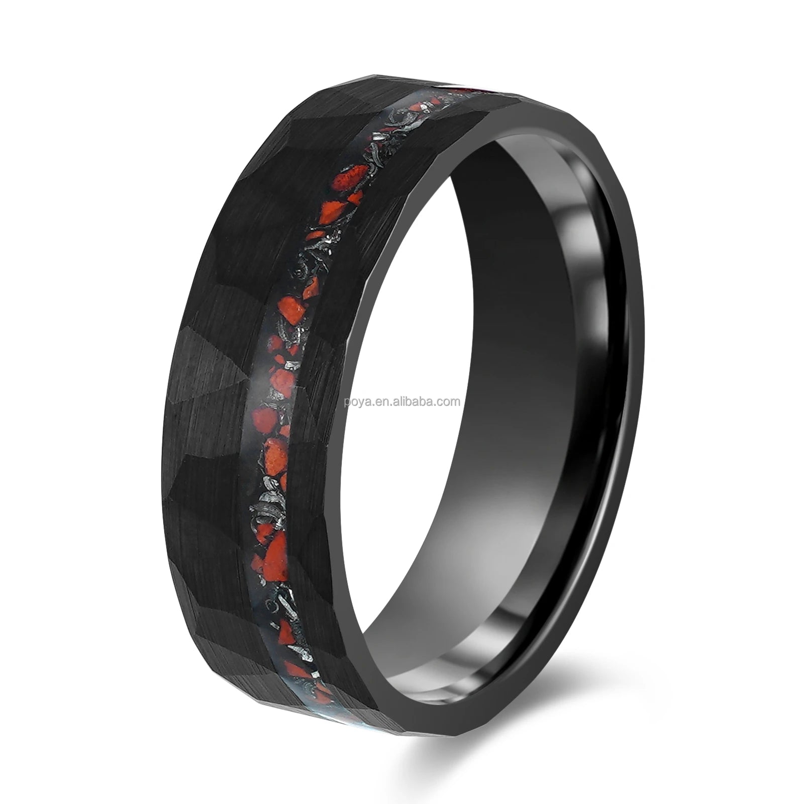 Poya Meteorite Dinosaur Bone Offsetting Inlay Black Tungsten Ring for Men