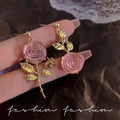 2025 New Pink Rose Flower Earrings Romantic Asymmetry Handmade Women Girl Acrylic Gold Plated Stud Earring Wedding Party Jewelry