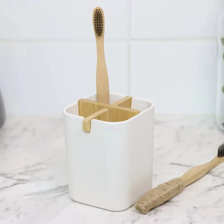 Organic Bamboo Fiber Two-Piece Eco-Friendly Plastic Free Toothbrush Holder with Toothpaste Storage and Laser Printed Logo