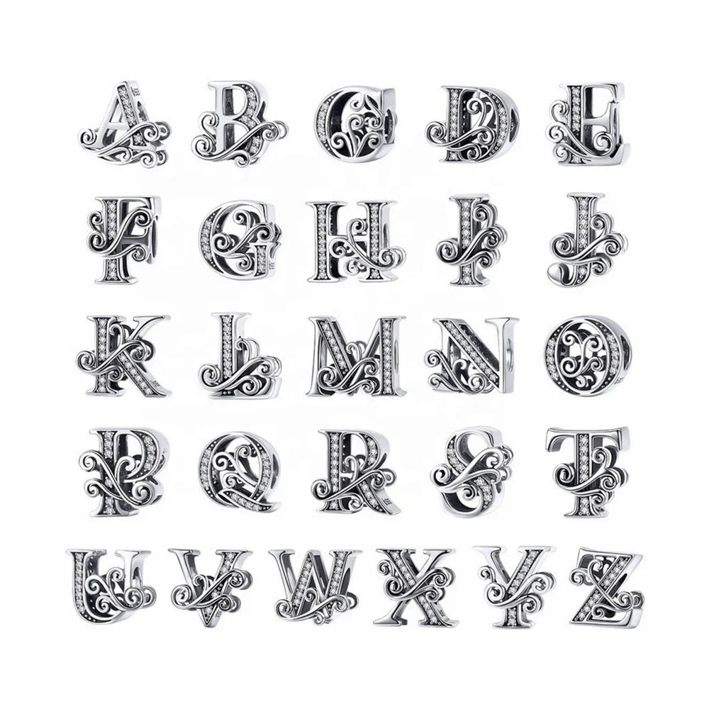 Zircon Alphabet Charm 925 Sterling Silver Letter Pendant Bracelet Charms