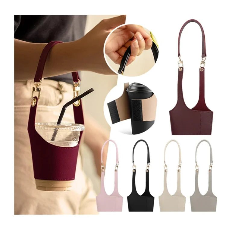 Minimalist Style PU Leather Pouch Coffee Tea Cup Protective Sleeve with Water Bottle Holder for Outdoor Camping Shopping Travel
