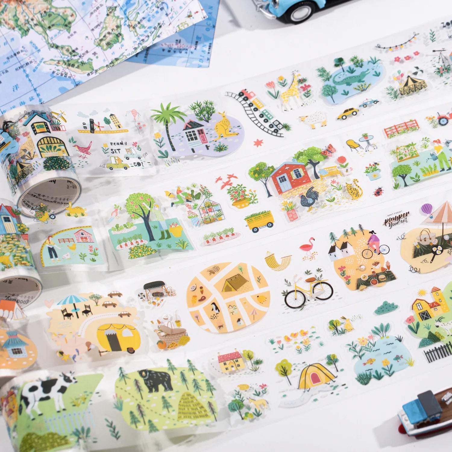 My Little Map Series Die Cut Handbook Decorative Stickers 1Roll Tape Water Activated PET Rubber Adhesive Waterproof Loop Masking