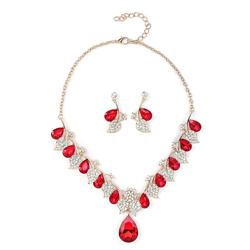 Hot Sale Gold Plated Water Drop Rhinestone Crystal Choker Pendant Necklace and Earrings Set for Wedding