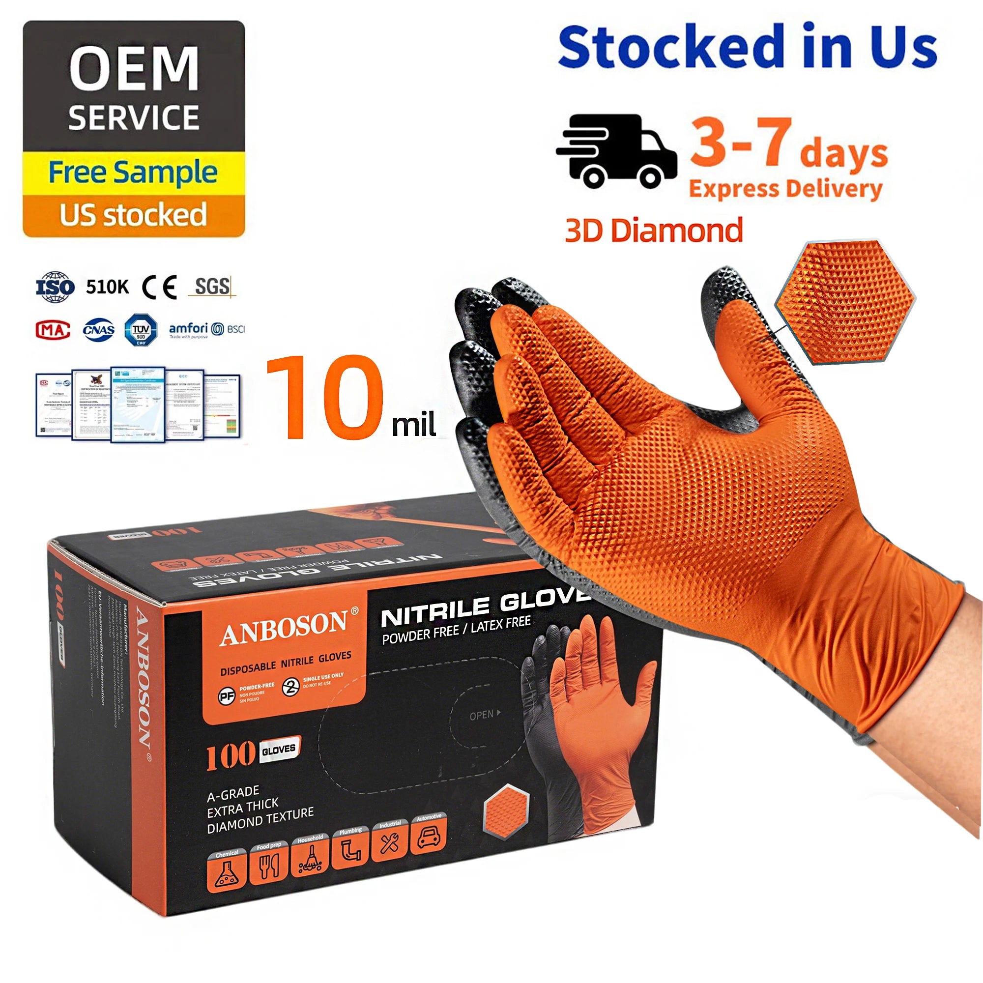 Anboson Factory Wholesale Orange Nitrile  Glove Diamond Dotted Duty Powder Free Black Disposable Nitrile Gloves