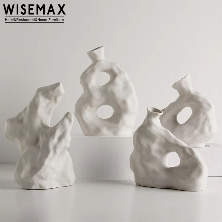 WISEMAX FURNITURE Nordic Modern Small Vases Set Home Decorative Handmade Art White Irregular Flower Ceramic Vase for Sale