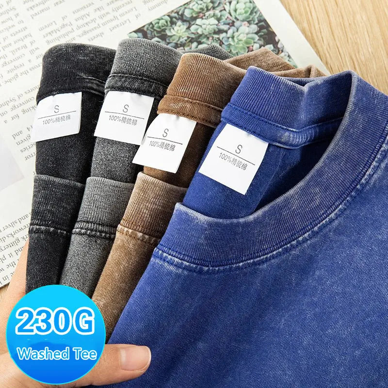 2025 Trendy Oversized Puff Print Men's Tshirts 230g Washed Fashion Styles 100% Cotton Knitted Solid Pattern