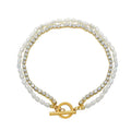 New Designs Double Layered Women Jewelry 18K Gold Plated Stainless Steel Beaded Freshwater Pearl CZ Tennis OT Bracelet for Women