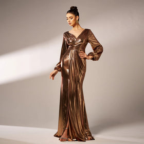 New Temperament V-neck Long Sleeve Long Hot Stamping Banquet Package Hip Evening Dress Bridesmaid Dress