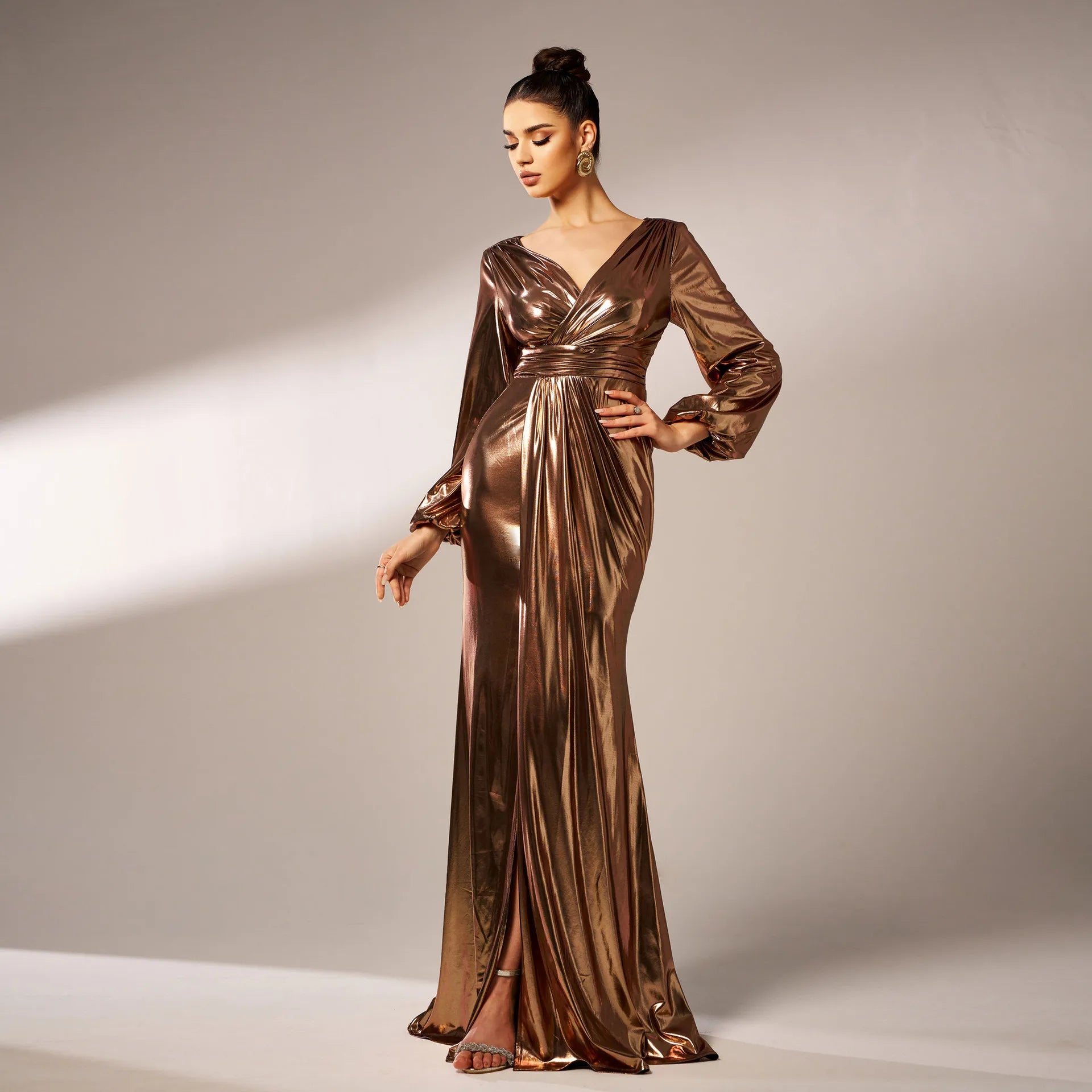 New Temperament V-neck Long Sleeve Long Hot Stamping Banquet Package Hip Evening Dress Bridesmaid Dress