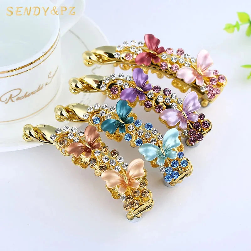 Direct Deal Simple Multi Style Alloy Banana Clip Ladies Luxury 8cm Bow Flower Crystal Rhinestone Hairpin Hair Clips
